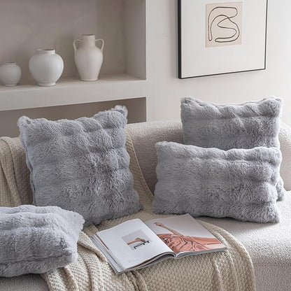 Neelvin Gray Faux Fur Cozy Soft Double-Sided Decorative Throw Pillow Covers 16x16 inch Set of 2,Velvet Pillowcase Cushion Case for Sofa Couch
