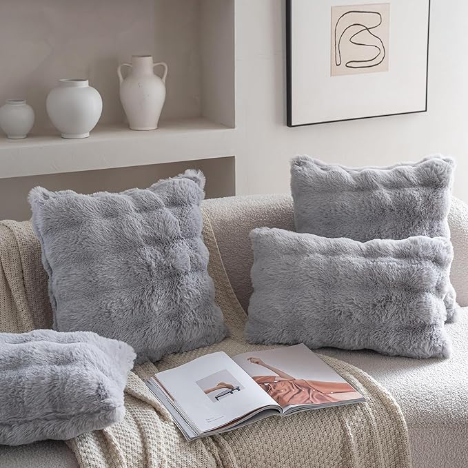 Neelvin Gray Faux Fur Cozy Soft Double-Sided Decorative Throw Pillow Covers 12x20 inch Set of 2,Velvet Pillowcase Cushion Case for Sofa Couch
