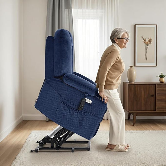 MCombo Oversized Power Lift Recliner Chair Sofa with Massage and Heat for Elderly People Petite, USB Ports, Side Pockets, Fabric R7561 (Navy Blue, Small-Oversize)