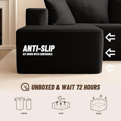 138" Boneless Couch with Deep Seat, Modular Sectional Sofa, Cloud Sectional Couch for Living Room, No Assembly Required, Corduroy, 4 Seater L-Shape Right, Black