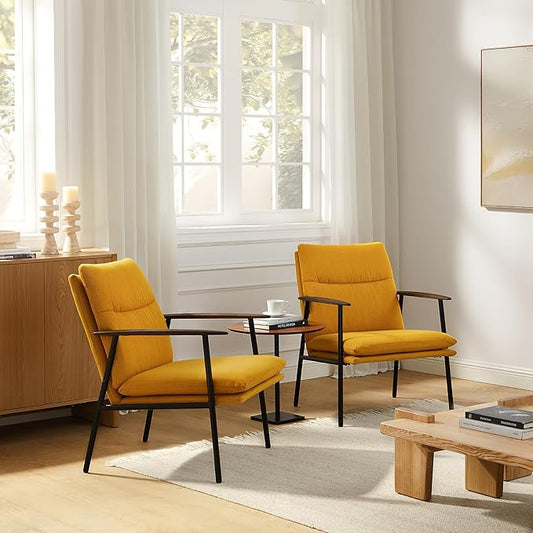 Art Leon Mid Century Modern Accent Chair-Fabric Relaxing Armchair with Metal Frame Upholstered Lounge Chair, Ergonomic Reading Chair for Lounge, Living Room, Reading Room, Bedroom,Yellow