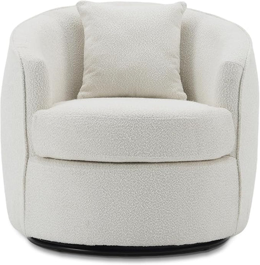 Swivel Accent Chair, Modern Upholstered Boucle Barrel Arm Chairs with Pillow for Living Room, 360 Degree Round Swivel Sherpa Armchair with Round Base for Bedroom Club (1, Cream)