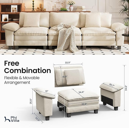 PHI VILLA Modern Modular Couches Sets, 123.6" Cloud Sectional Sofa with Upholstered Deep Seat, 3-Seater Couch for Living Room Small Spaces, Chenille Fabric, Beige