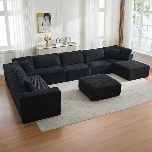 Modular Sectional Cloud Couch for Living Room,Modern Boneless Couche Set with Plush Corduroy,Comfy Floor Sofa with Memory Foam,Stupendous U Shaped Sofa with Ottoman,No Assembly Required,Black