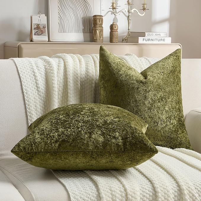 FUTEI Moss Green Flannel Throw Pillow Covers 16x16 Inch Set of 2,Soft Dimensional Textured Cushion Cases,Modern Home Decor for Couch Living Room