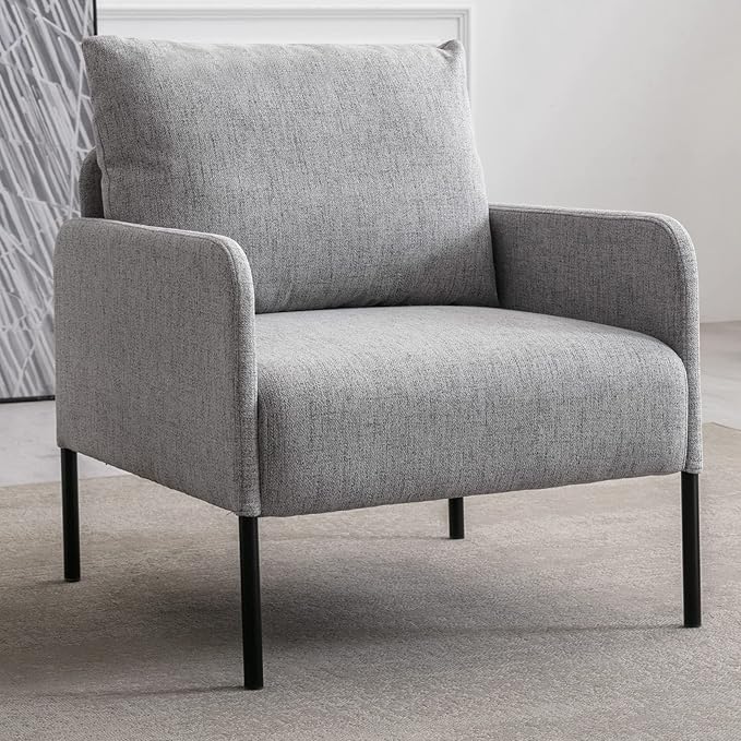 Linen Fabric Living Room Accent Chairs Bedroom Single Sofa Chair, Upholstered Reading Arm Chair Modern Couch w/Comfy Pillow for Waiting Room/Apartment/Dorm, Grey