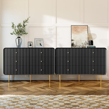 HLR Black Dresser for Bedroom,48'' Wide Wood Chests of Drawers,Modern Fluted 6 Drawer Dresser with Gold Metal Handles,Clothes Deep Drawer Dressers Storage for Living Room,Hallway