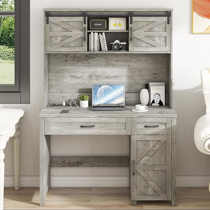 Vabches Farmhouse 47" Executive Desk, Computer Desk with Drawers and Storage Cabinet, Workstation with Hutch for Home Office