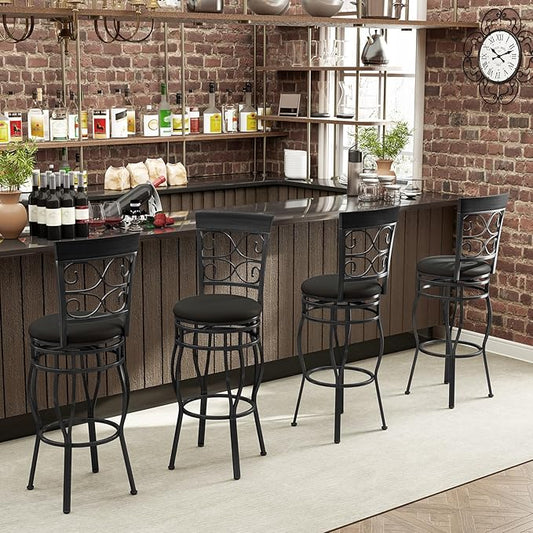 Giantex 30" Swivel Bar Stools Set of 4, Bar Height Bar Stools with Back, Upholstered PU Leather Seat, Footrest, Max Load 330Lbs, Vintage Metal Barstools for Kitchen Island, Dining Room, Pub, Black
