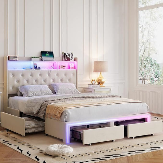 King LED Bed Frame with Storage Headboard & Charging Station, Velvet Fabric Platform Bed Frames with 4 Drawers, Button Tufted Upholstered, No Box Spring Needed, Beige