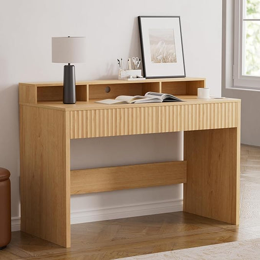 47" Fluted Office Desk with Storage Shelf, Modern Wood Executive Desk with Long Monitor Stand & 2 Drawers, Home Writing Study Computer Table Vanity Desk, Natural Oak