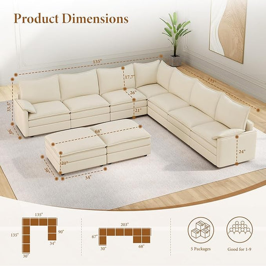 Vesgantti Large Modular Sectional Sofa, Big Comfy Cloud Couch with Ottoman Deep Seat Chenille Cloud Sofa, 9 Seater Large Sectional Couches for Living Room, Bedroom and Apartment, Beige