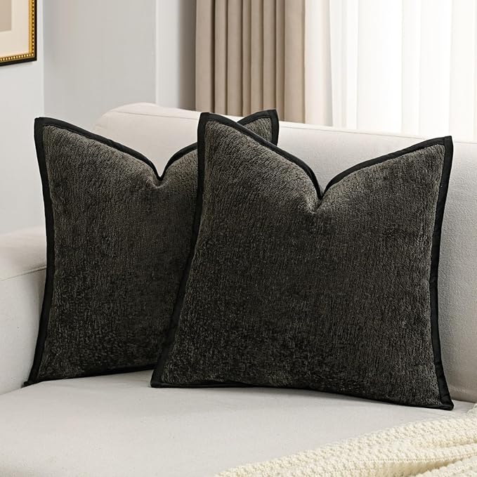 FUTEI Black Chenille Throw Pillow Covers 20x20 Inch Set of 2,Soft Cozy Bound Edge Design Cushion Case,Home Decor for Couch Bed Living Room