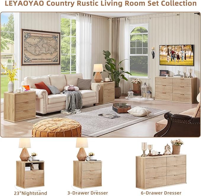LEYAOYAO Fluted Nightstand with Charging Station, 23" Modern Night Stand with Woodgrain Top, 3 Drawers End Table w/Storage, Bedside Tables for Bedroom, Living Room, Curved Profile Design,Wood
