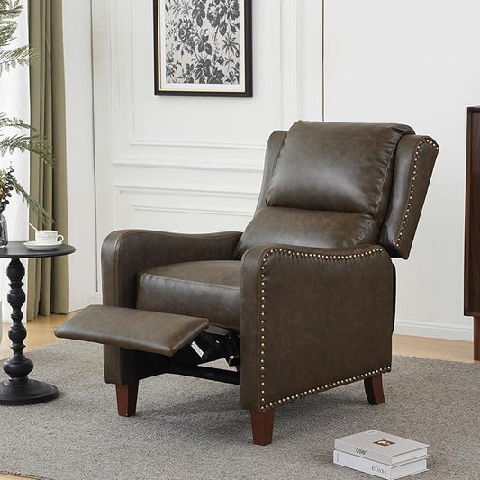 Pushback Recliner Chair, PU Leather Push Back Armchair, Upholstered Recliner Chair 105-135 Degree Adjustable, Retro Accent Chair for Living Room Bedroom - Brown