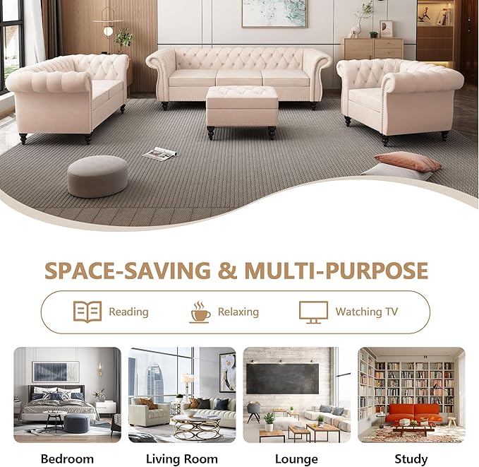 Velvet Loveseat Sofa, Mid Century Modern Upholstered Couch, 62" Oversized Comfy 2 Seater Love Seat Couch with Cushions, Tufted Chesterfield Sofa for Living Room, Bedroom, Apartment (Beige)