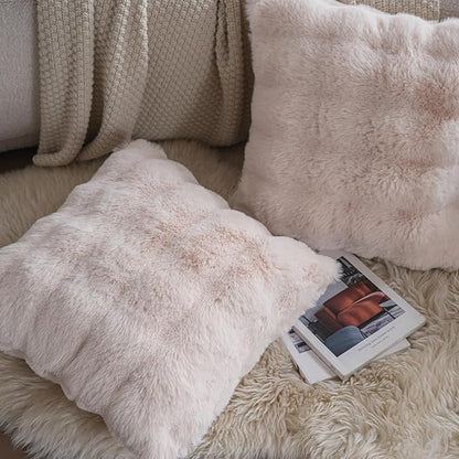 Neelvin Beige Faux Fur Cozy Soft Double-Sided Decorative Throw Pillow Covers 16x16 inch Set of 2,Velvet Pillowcase Cushion Case for Sofa Couch