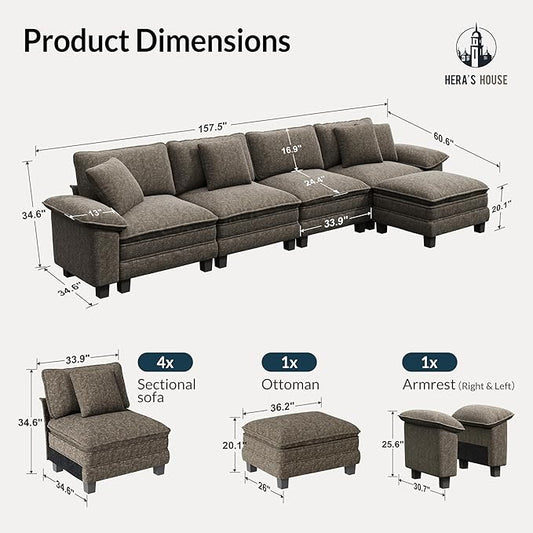 HERA'S HOUSE 158" Modular Sectional Sofa, Oversized L Shaped Couches for Living Room, Comfy Cloud Couch with Ottoman, 5-Seater Deep Seat Sofa with Throw Pillow, Chenille Ash