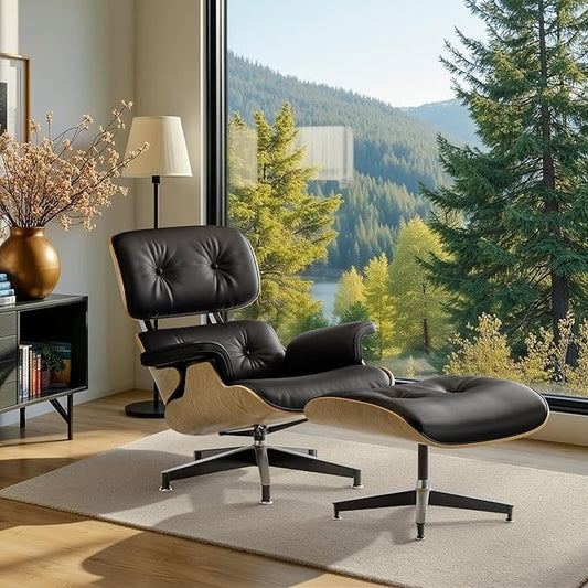 Top Black Grain Leather, Mid Century Chaise Lounge Chair and Ottoman, Modern Chair Classic Design, Ash Wood, Heavy Duty Base Support for Living Room Office