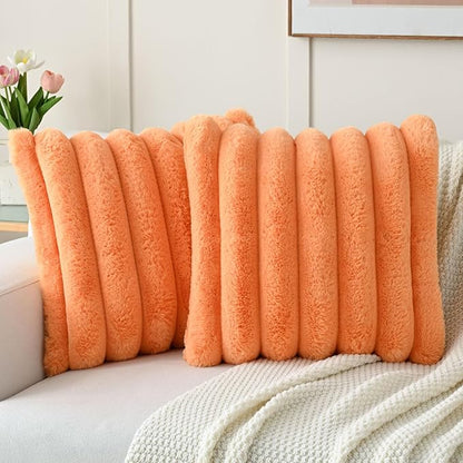 FUTEI Orange Decorative Throw Pillow Covers 22x22 Inch Set of 2, Square Soft Faux Rabbit Fur Thick Striped Cushion Cover,Winter Home Decor for Couch Bed Living Room