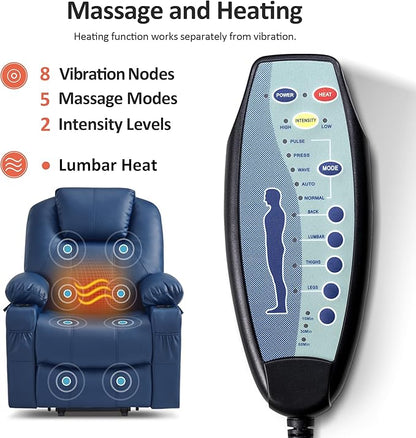 MCombo Electric Power Lift Recliner Chair Sofa with Massage and Heat for Elderly, 3 Positions, 2 Side Pockets, and Cup Holders, USB Ports, Faux Leather 7040 (Blue, Medium)