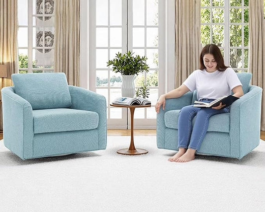 MINCETA Accent Chairs Set of 2, 360° Swivel Barrel Chair with High Density Foam, Oversized Reading Chair with Performance Fabric Upholstered Armchair for Living Room, Bedroom, Apartment Teal Blue