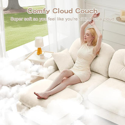 140" U Shaped Couch for Living Room, Comfy Chenille Fabric Cloud Sectional Couch, Modern Upholstered Deep Seat Sofa with Pillow and 2 Movable Ottoman, Oversized 4 Seater Sectional Sofa, Beige