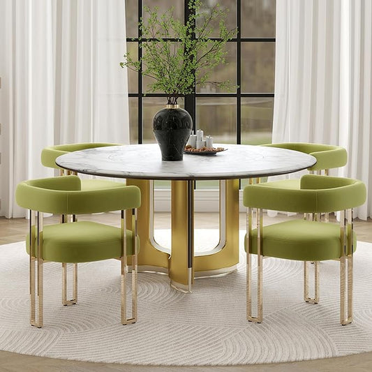 Green and Gold Modern Dining Chairs Set of 4, Velvet Upholstered Barrel Armchairs with Metal Legs for Kitchen Island, Mid Century Accent Chairs for Dining Room Living Room, Open-Back