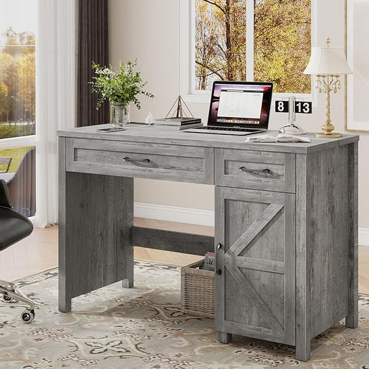 Farmhouse 47" Executive Desk, Computer Desk with Drawers and Storage Cabinet, Workstation Computer Desk for Home Office and Study(Grey