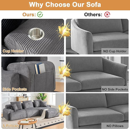 118" Modular Sectional Sofa, Cloud Sectional Couch with Deep Seat, Modern Modular Sofa with L Shaped Comfy Cloud Upholstered Boneless Couches for Living Room Bedroom, Grey