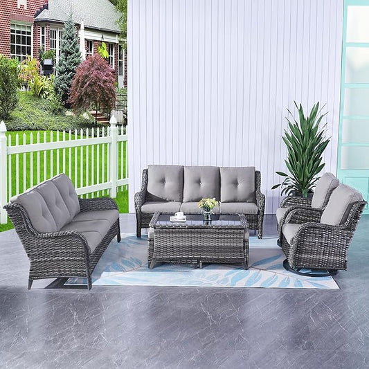 HUMMUH 7pcs Patio Furniture Set Swivel Rocker Patio Chairs,PE Wicker Outdoor Sofa Set of 2 with Coffee Table and Ottomans(Grey,Grey)