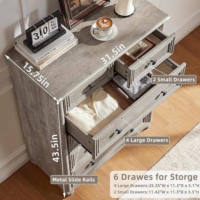 Farmhouse Dressers and Night Stand Set of 3, Wood 43.5'' Tall Dresser and 18'' Wide Chest of Drawers, Roman Column Nightstand Set of 2, Bedroom Furniture Dresser Suites for Living Room, Hallway, Home