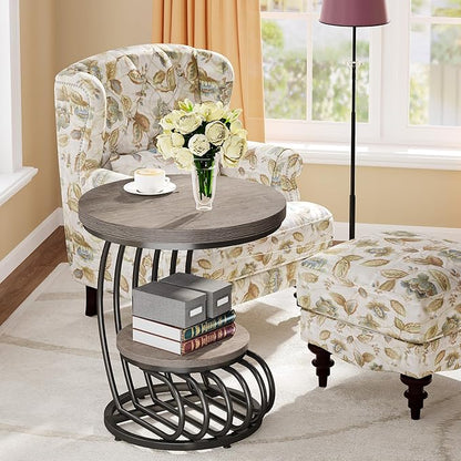 Tribesigns Round End Table: 2 Tiers Wood Side Table Set of 2 with Storage Shelf, Rustic Gray Bedside Nightstand, Accent Table for Living Room, Bedroom