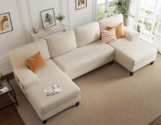 KKL Sectional Sofa Couch for Living Room, 112 Inches U Shaped Couch with Storage, Home Sofas with Chaise, Modern Comfy Couches for Apartment, Living Room Furniture, Chenille (Beige, U Shape)