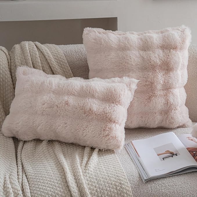 Neelvin Beige Faux Fur Cozy Soft Double-Sided Decorative Throw Pillow Covers 18x18 inch Set of 2,Velvet Pillowcase Cushion Case for Sofa Couch
