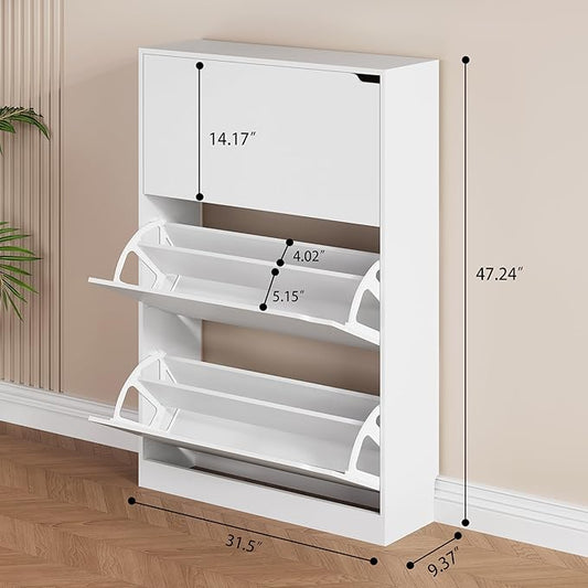 Shoe Storage Cabinet, Wood Shoe Organizer for Entryway with 3 Flip Drawers, Freestanding Shoe Rack with Adjustable Shelf, Narrow Shoe Dresser for Front Door Entrance(White, 47.2" x 31.5" x 9.25")