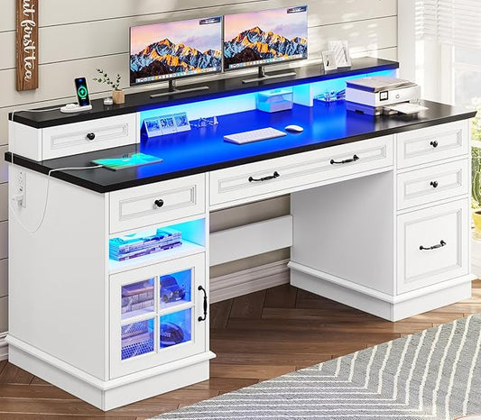 BTHFST Executive Desk with File Drawer, Computer Desk with Monitor Stand, Home Office Desk with Drawers & Storage Cabinet, Writing Desk with Charging Station & LED Lights, White
