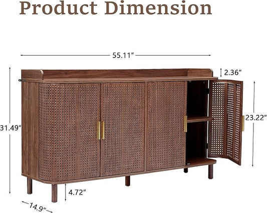 4 Doors Storage Cabinet, 2 Tier Wooden Storage Organizer Cabinet with Adjustable Shelf, Sideboard Buffet Cabinets with Iron Curved Doors Accent Shoe Rack for Entryway Hallway Living Room (Walnut)