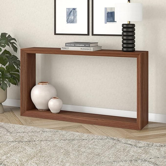Henn&Hart 55'' Wooden Rectangular Console Table Entryway Table, Sofa Table with Wooden Shelf for Entryway, Living Room, Couch, Hallway, or Office, Satin Walnut