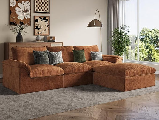 EASE MOOSE Oversized Sectional Cloud Couch for Living Room, Modular Boneless Sofa L-Shaped, Cloud Sofa Set with Fluffy Foam, 4-Seater Comfy Sofas with Ottoman for Bedroom Apartment, Chenille (Brown)