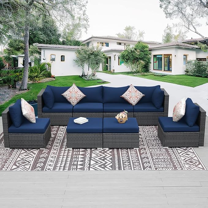 NICESOUL Outdoor Sofa Set of 8, Deep Seating Extra Large Patio Conversation Set, 29.3'' High Back Modern Luxury Wicker Modular Sectional for Backyard Lawn Deck Garden, 2 Color Cushions Navy & Gray