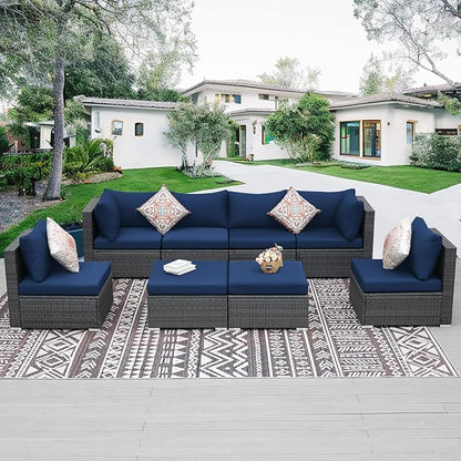 NICESOUL Outdoor Sofa Set of 8, Deep Seating Extra Large Patio Conversation Set, 29.3'' High Back Modern Luxury Wicker Modular Sectional for Backyard Lawn Deck Garden, 2 Color Cushions Navy & Gray