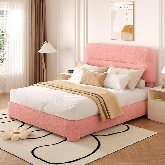 Full Size Cloud Bed Frame, Upholstered Boucle Platform Bed with Adjustable Headboard, Anti-Collision Soft Rounded Corners, Noise Free, Easy Assembly, Pink