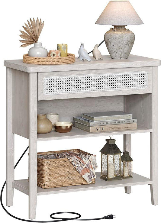 VASAGLE Console Table with Power Outlets, Entryway Table with Storage Shelf, Sofa Table with Drawer, Open Compartment, Rounded Corners, for Living Room, Boho Style, Oatmeal Beige ULNT140K66