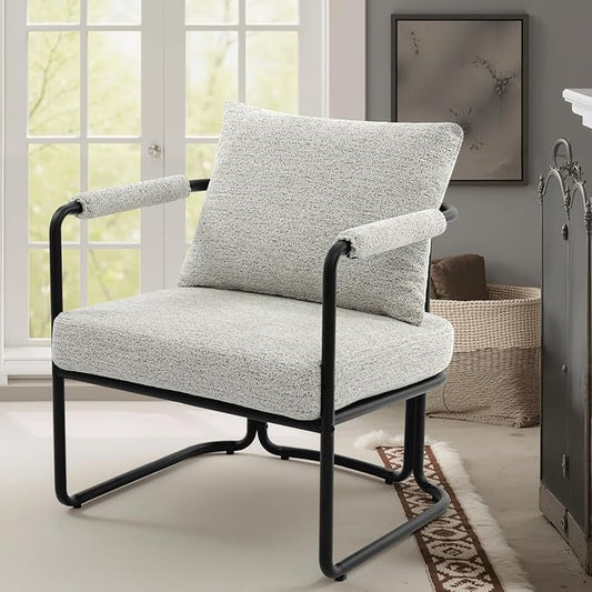 Single Accent Chair for Living Room, Mid Century Modern Upholstered Reading Armchair for Bedroom, Office, with Comfy Chenille Cushion Back & Metal Frame, Light Grey