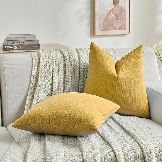 FUTEI Mustard Yellow Decorative Throw Pillow Covers 18x18 Inch Set of 2,Soft Cozy Wheat Ear Striped Patterns Cushion Cases,Modern Home Decor for Couch Bed Living Room
