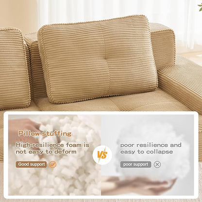 115.3” Camel Boneless Couches for Living Room, Modular Sectional Sofa, 3 Seater Comfy Upholstered Deep Seat Corduroy Fabric Cloud Couch No Assembly, Anti-Slip Design