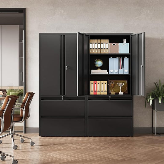 DEVAISE File Cabinet with 2 Drawers and Doors, Black Locking Metal Storage Cabinet with Adjustable Shelves for Home Office, Warehouse, Garage, School