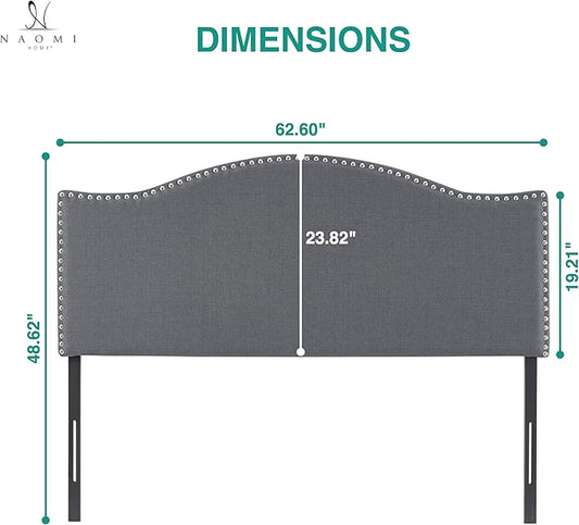 Naomi Home Catalina Queen Headboard – Adjustable Linen Upholstered Tufted Panel with 12 Height Settings, Wall-Mount or Bed Frame Mount, Sturdy Wood Frame, Nailhead Trim – Light Gray