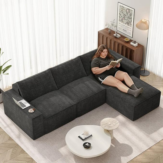 Vesgantti 114" Modular Sectional Boneless Couch, Modern 3 Seater Sofa with Ottoman & Deep Seat, Convertible Chenille L Shaped Cloud Couches for Living Room, No Assembly Required, Dark Grey
